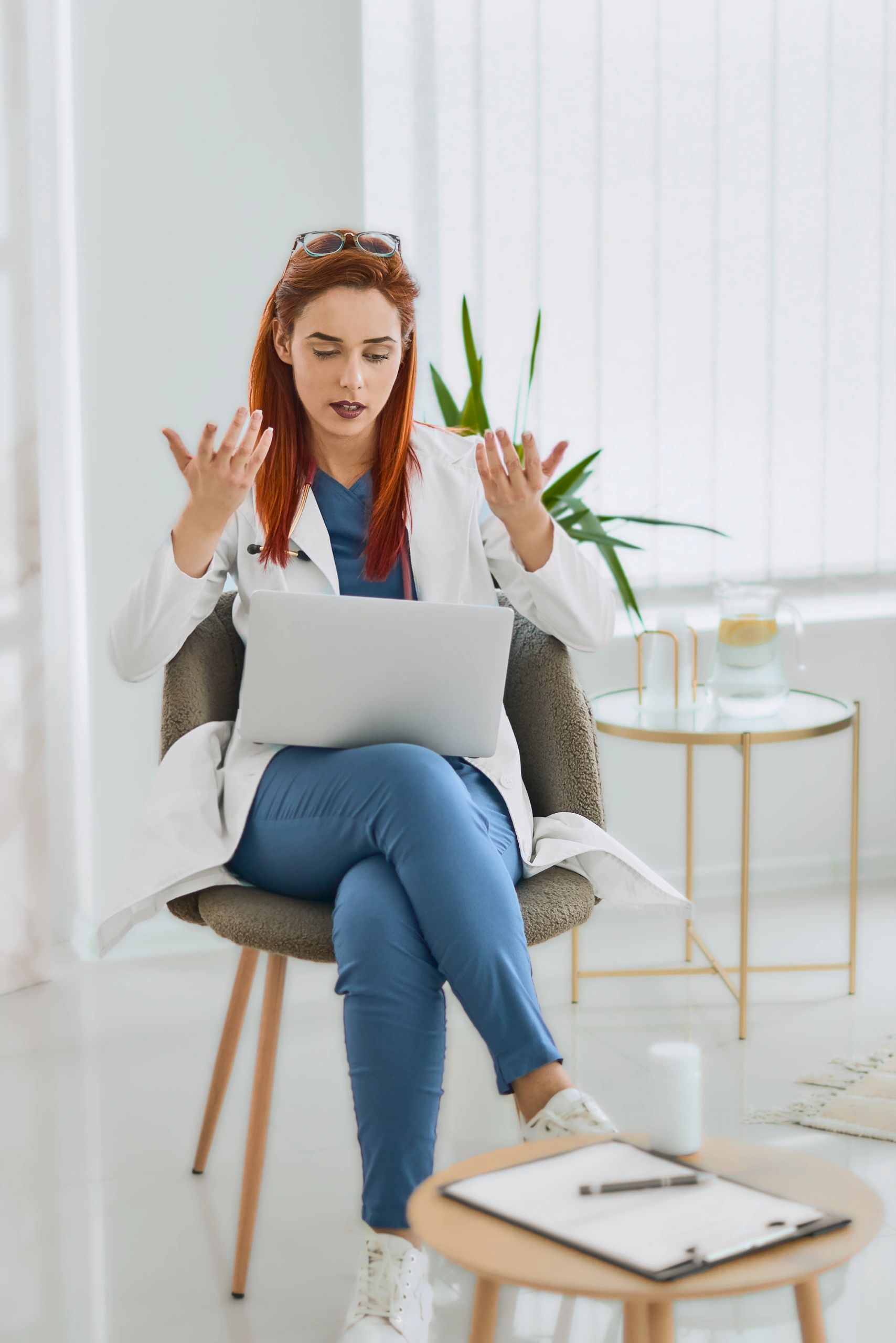Psychiatric clinician speaking with a client during a telehealth session